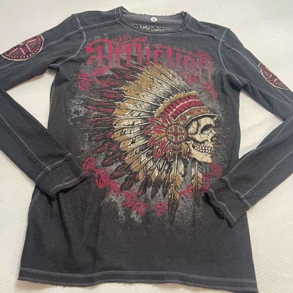 Affliction Y2K Reversible Thermal Shirt Goth Emo Skull Indian Live Fast Sz Small - Picture 2 of 12